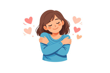 Obraz premium Girl smiling and hugging herself with hearts around in a colorful background during daytime in a digital art style