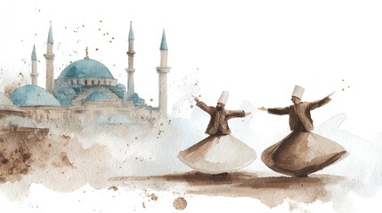 Golden Bells Watercolor Border with Whirling Dervishes Theme