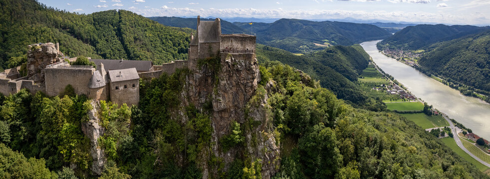 Aerial Panorama of Aggstein Castle Ruins over Danube River: Majestic Medieval Fortress in Wachau Valley, Lower Austria