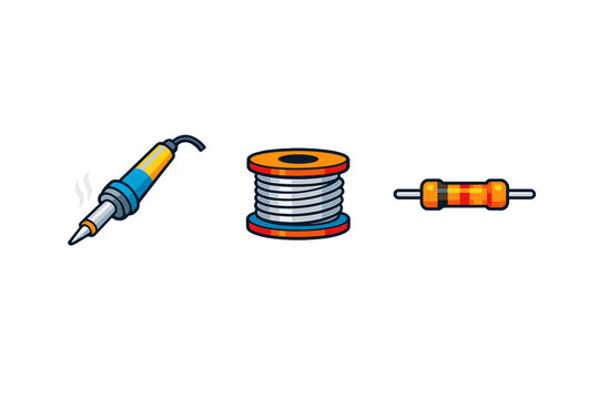 Tools for electrical work include a soldering iron, solder wire, and a resistor in a work environment that focuses on electronic repair tasks