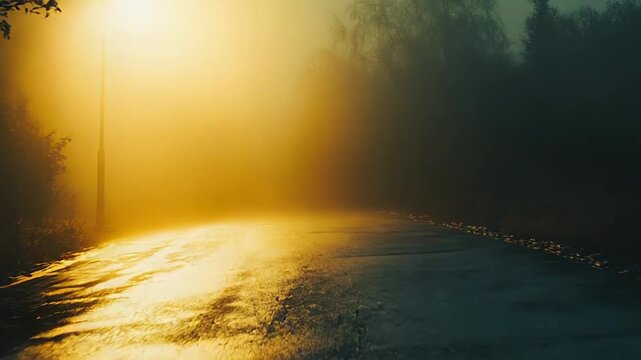 Wet road surface reflecting a golden street light beam, cutting through dense, atmospheric fog at night, creating a mysterious and uncertain path forward
