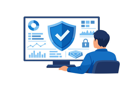 Person sits at desk and looks at computer screen showing security symbols and data charts in a work setting during daytime