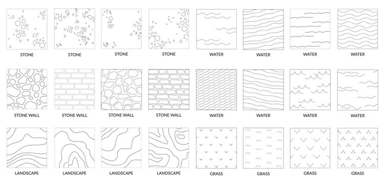 Landscape geographic icons depicting stone, a stone wall, land, water, and grassy terrain vector texture big set	
