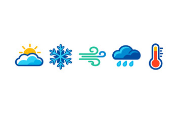 Obraz premium Weather symbols show sun, snowflake, wind, rain cloud, and thermometer representing different weather conditions and temperature variations throughout the year