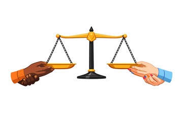 Hands hold a balance scale with equal weights symbolizing justice and fairness in a legal context