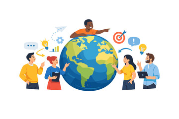 People discuss ideas around a globe with a person pointing, showing a sense of teamwork and communication in a creative setting