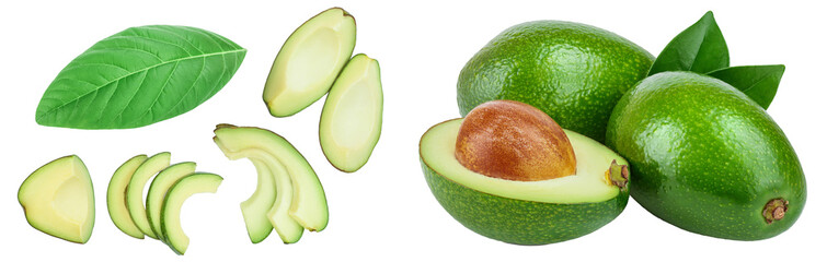 avocado and slices isolated on white background. Top view. Flat lay