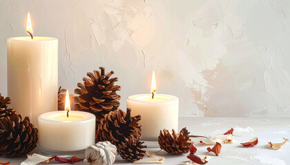Three it candles on the left side of the image, room for copy on the right side, emit a warm glow beside natural pine cones and petals, creating a calming atmosphere perfect for relaxation