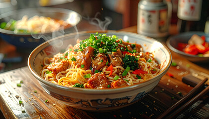 White Chinese noodle cuisine served in a restaurant setting, featuring Asian flavors, Chinese elements, and healthy ingredients