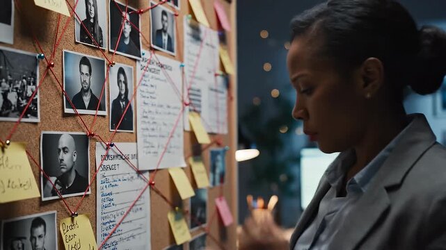 Determined female detective examining evidence on investigation board
