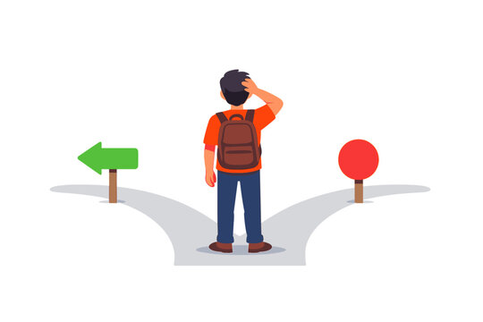 Person standing at a crossroads with directional signs showing options for the next step in a journey