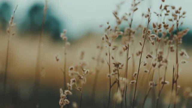 Dried wild grass stalks, standing tall against a soft, blurred background, creating a tranquil and natural scene reflecting autumn or untouched wilderness