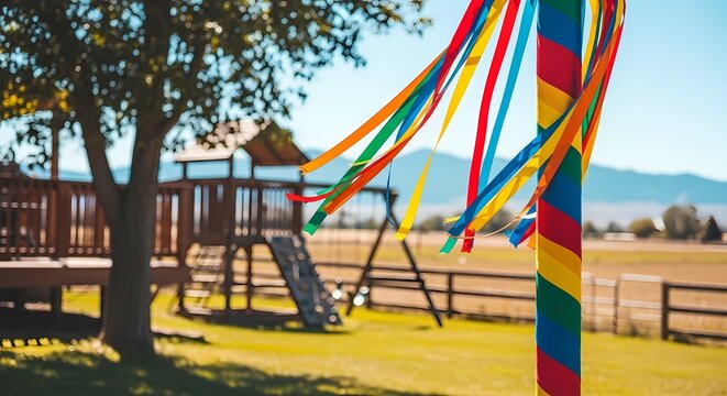 A colorful maypole standing in a playground with a wooden playset and tree in the background on a sunny day with mountains