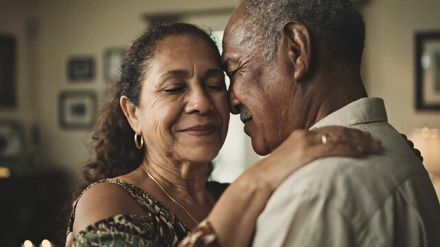 Loving senior hispanic couple dancing intimately at home. Warm moment, joyful connection, enjoying retirement together. Close-up shows happiness, affection, and strong bond.
