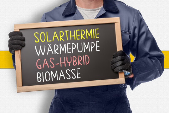 Austausch, Heizungsanlage, Solarthermie, W&auml;rmepumpe, Gas-Hybrid und Biomasse, Kreidetafel