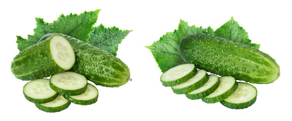 Sliced cucumber isolated on white background with full depth of field,