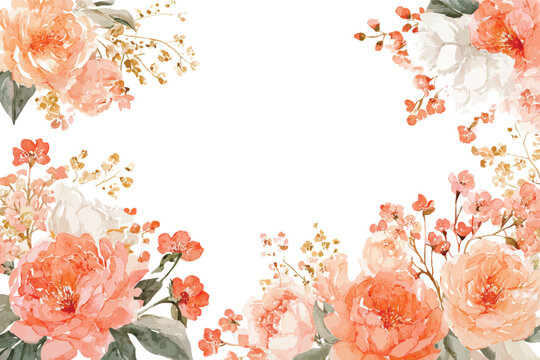 Double sided watercolor floral frame with peach roses and botanical leaves