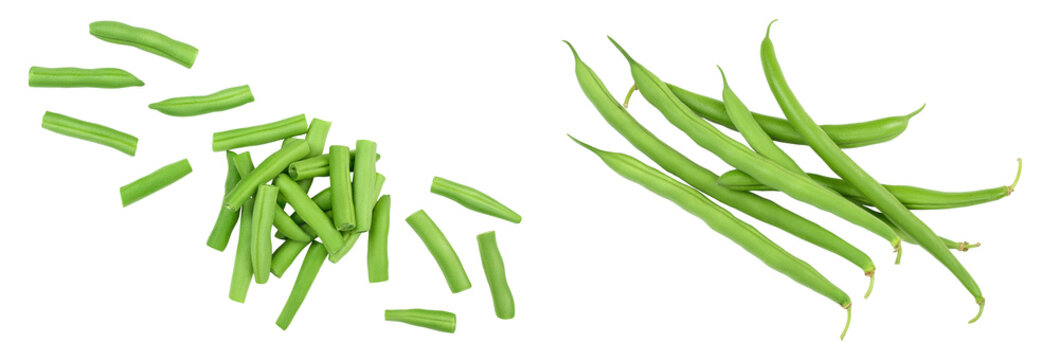 Green beans isolated on a white background , Top view with copy space for your text. Flat lay