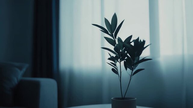 Potted plant sitting on a round table, illuminated by soft dim light from a window with sheer privacy curtains, creating a tranquil and minimal home interior ambiance