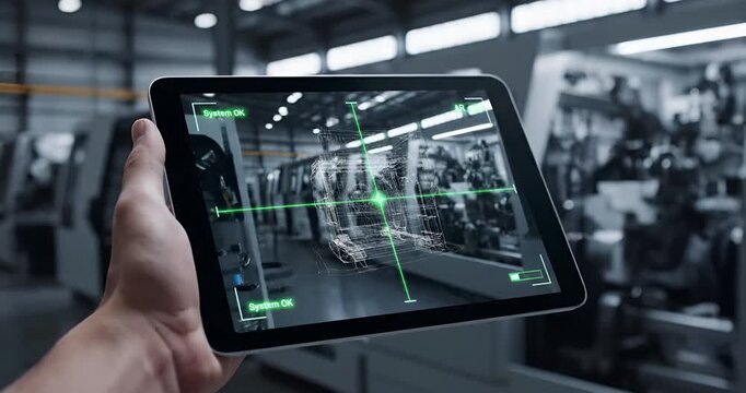 Tablet screen showing augmented reality warehouse logistics