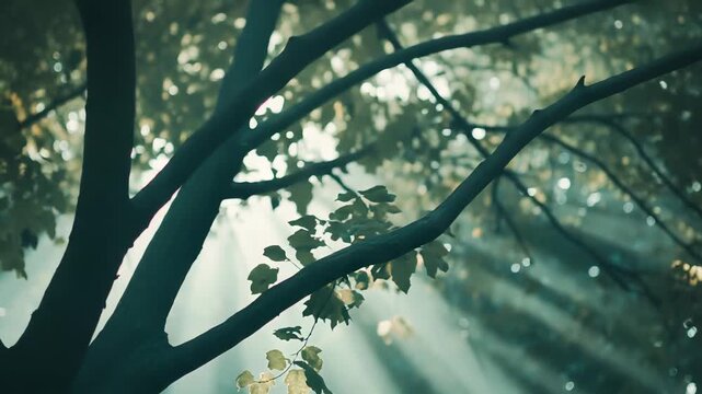 Tree branches and leaves catching morning light as sunbeams filter through a soft, ethereal mist, creating a serene and magical forest atmosphere with bokeh effects
