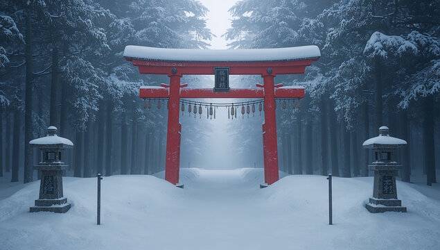 雪に埋もれた森の参道で朱色の鳥居が静かに立つ朝