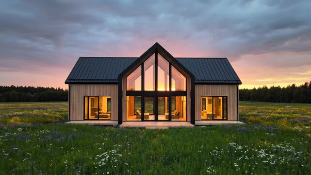 Modern house construction process at sunset