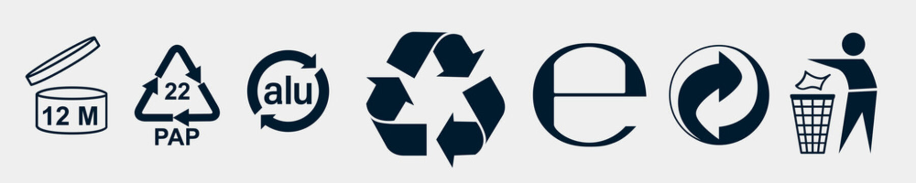 Packaging and compliance symbols set, recycle icons, estimated sign, PAO mark and eco labeling icons for product design, vector illustration M&ouml;bius Loop Der Gr&uuml;ne Punkt
