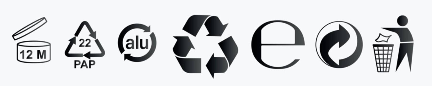 Packaging and compliance symbols set, recycle icons, estimated sign, PAO mark and eco labeling icons for product design, vector illustration M&ouml;bius Loop Der Gr&uuml;ne Punkt