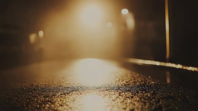 Wet asphalt surface receiving falling raindrops, creating a textured pattern of water droplets reflecting warm, glowing streetlights in an urban, atmospheric setting at night