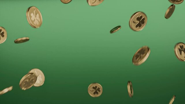 St Partick's day concept - coins shamrock flying, green background, 3d animation