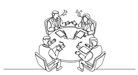 Naklejka premium Group of business professionals engaged in a collaborative discussion around a table with documents and laptops