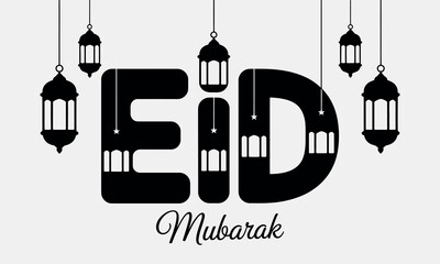 Fototapeta premium Black Eid Mubarak Text with Hanging Lanterns Vector Illustration