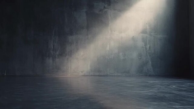 Grunge concrete wall and floor create an atmospheric, empty room, with a diagonal beam of light illuminating a section of the space, symbolizing hope and new beginnings