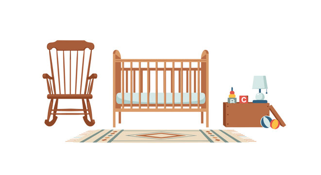 A sweet nursery setup features a rocking chair, baby crib, changing table, and patterned rug, creating an adorable baby room.