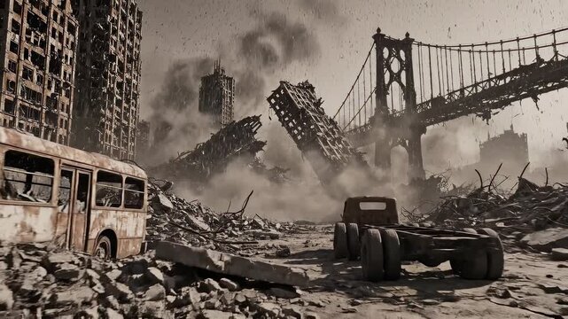 Post apocalyptic manhattan bridge devastation scene