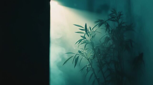 Green plant with slender leaves stands gracefully in a tranquil, misty environment, capturing a serene atmosphere with soft light illuminating the background haze