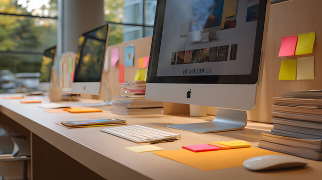 Office desk with computers and stationery