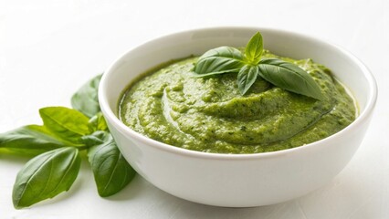 A vibrant bowl of pesto sauce garnished with fresh basil leaves close up view