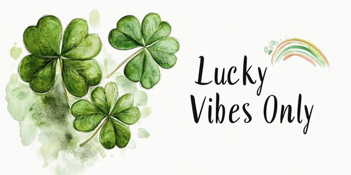 lucky charm illustration, a soft, ethereal watercolor postcard with hand-painted four-leaf clovers, a faded rainbow, and the phrase lucky vibes only in a modern font