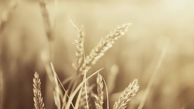 Warm sunlight bathes tall wheat stalks in golden sepia tones, creating a soft, tranquil rural background texture ideal for autumn harvest and nature themes