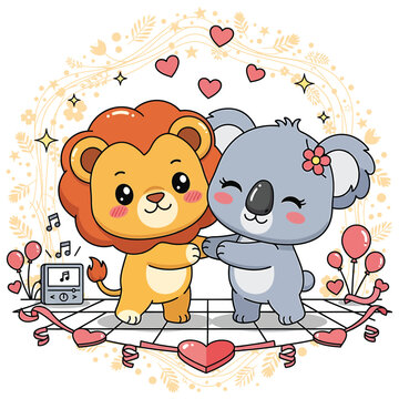 Cute cartoon lion and koala dancing together with music and hearts vector