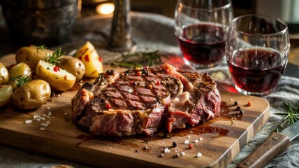 Rib eye steak on a bone, served on a wooden board with baked new potatoes and red wine. This is a classic combination that is often found in steakhouses and restaurants.