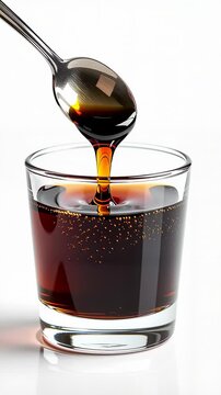 Pouring shungite extract from spoon into glass. Natural mineral elixir for alternative medicine and wellness