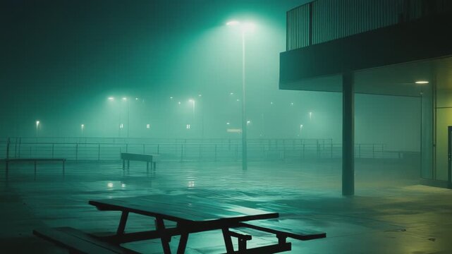 Picnic table and benches standing on a wet concrete plaza under glowing streetlights during a dense, mysterious night fog, creating an atmospheric, eerie and isolated scene
