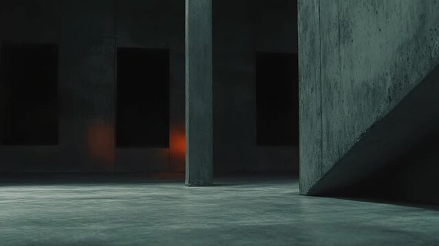 Abstract architectural rendering showcasing a dark, minimalist concrete interior with strong structural elements and a reflective floor, emphasizing space, foundation, and geometric design