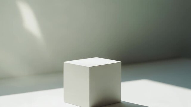 Clean simple room interior with a single white geometric cube display platform casting strong shadows and illuminated by directional sunlight, providing ample copy space