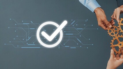 Close-up of hands exchanging wooden gears with a glowing checkmark in the background, representing collaboration, success, and innovative processes in business. Raster © InfiniteFlow