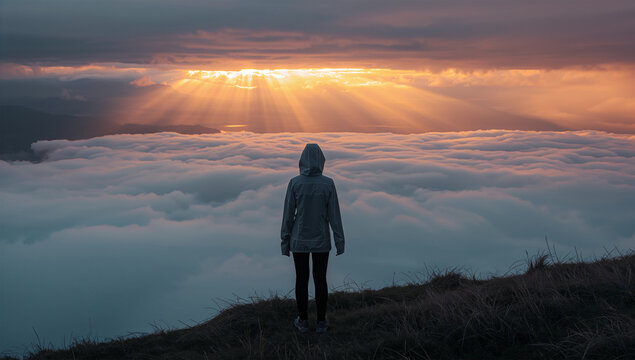 嵐明けの朝、雲海を走る光の川を日本人の男性が見つめる
