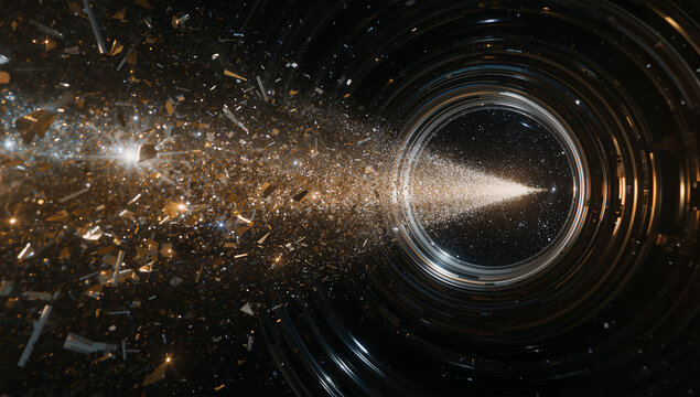 星の破片が奔流となって金属リングの門へ吸い込まれる宇宙景